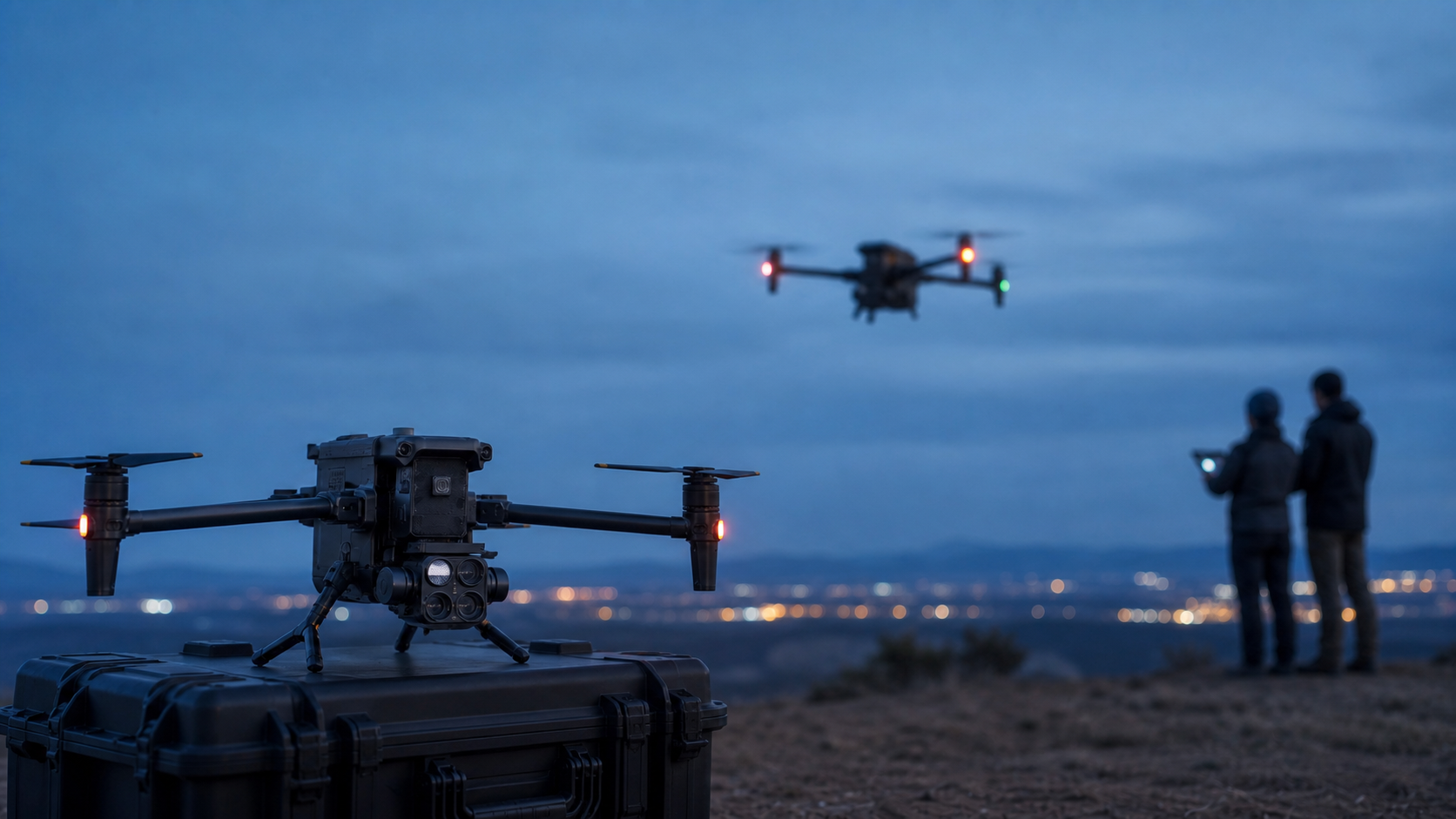 A public-safety drone team servicing one aircraft while a replacement continues flying