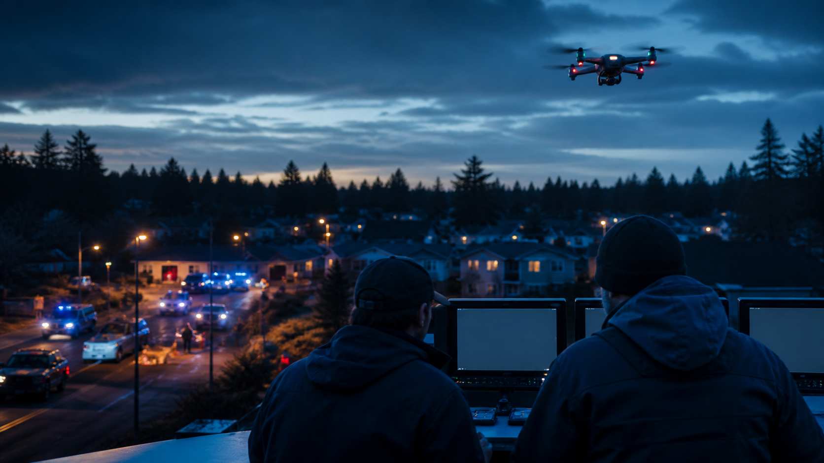 Public-safety personnel monitoring a live drone operation at dusk
